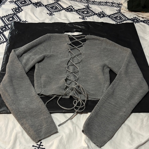 Ijoah Tops - Heather Gray Knit Lace-Up Crop Top S